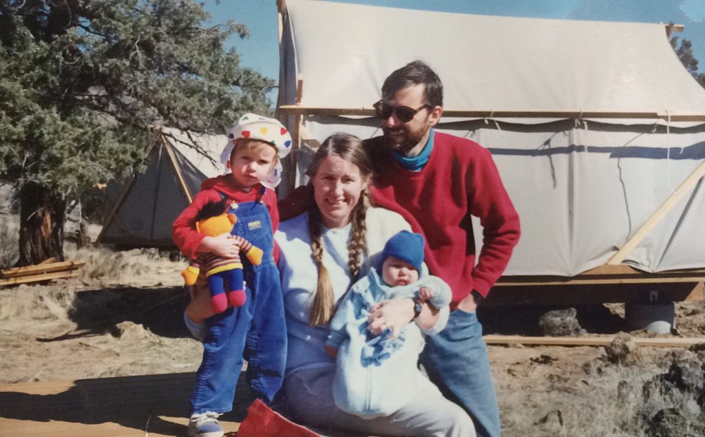 Photo shows Cate, Dan, Matt and Sarah at the Outward Bound Odin Falls basecamp in 1990. A Love Story.
