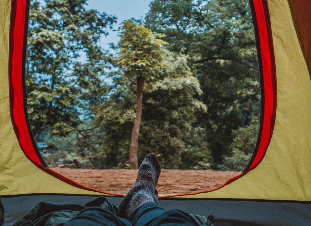 A picture from inside a tent on a backpacking trip.