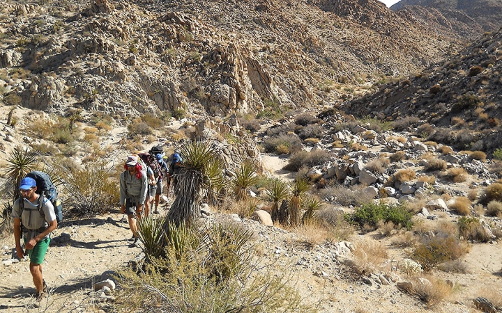 A group of adult backpackers make their way through the rocky terrain of Joshua Tree National Park.