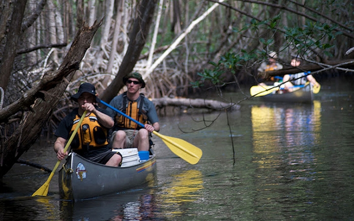 a group of people paddle canoes through a thick wooded area on an outward bound expedition 